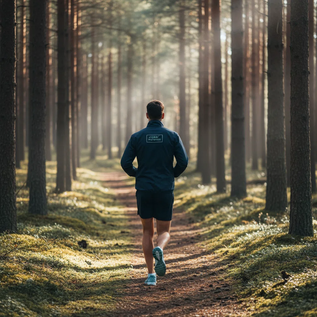 Aktiv man som joggar på skogsväg i tidig morgon