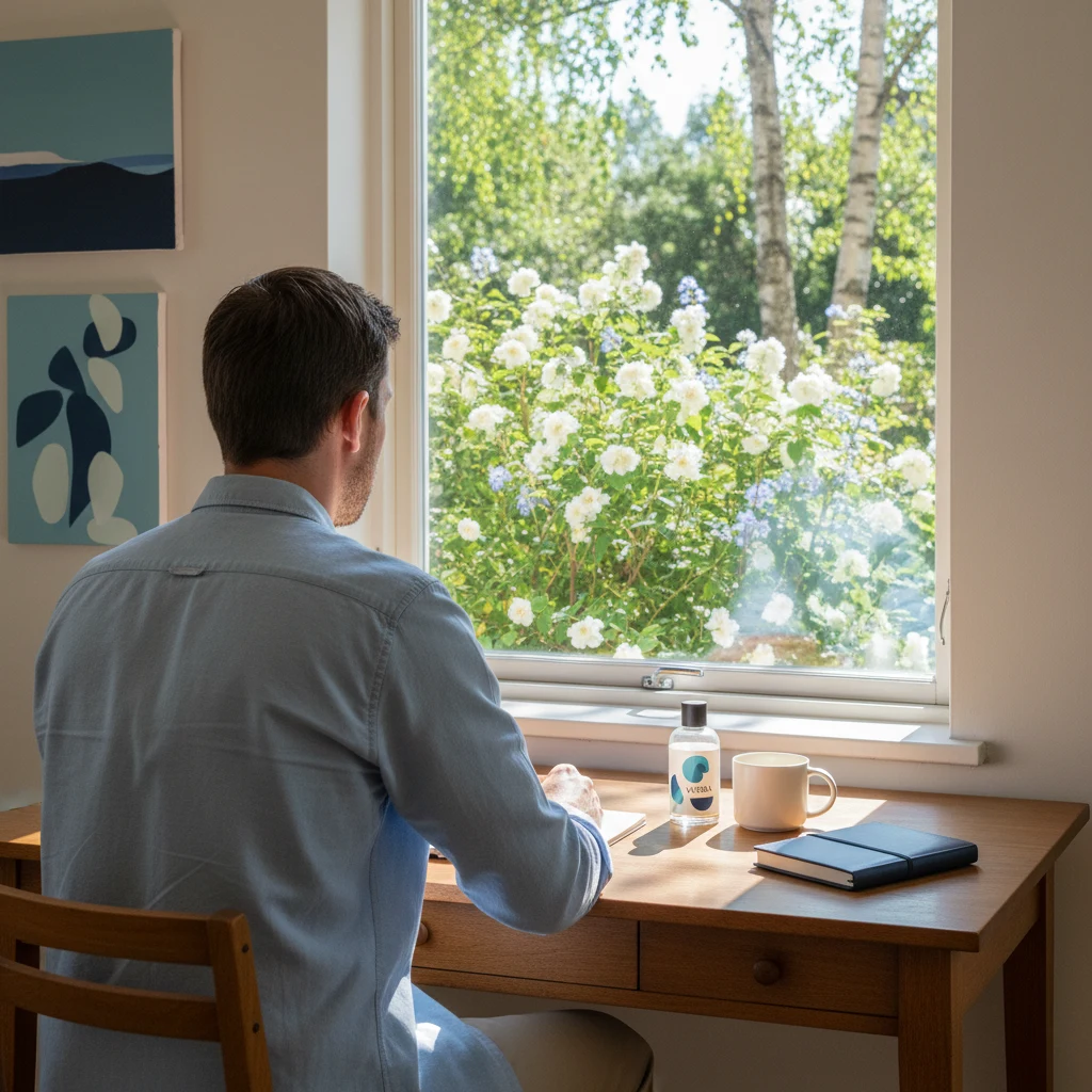 Man sitter vid skrivbord och tittar ut mot solig trädgård
