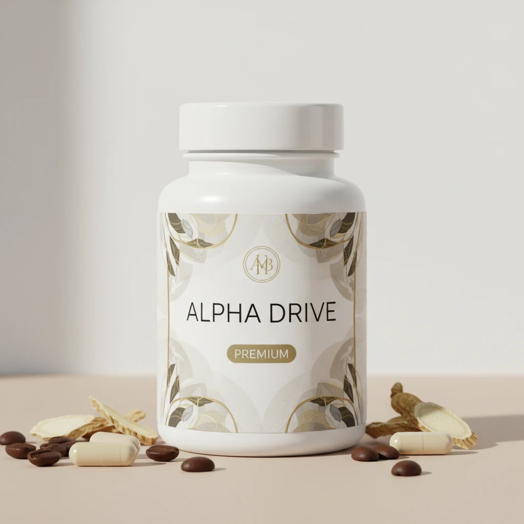 Alpha Drive kosttillskott 60 kapslar - vit burk med blå-turkos etikett
